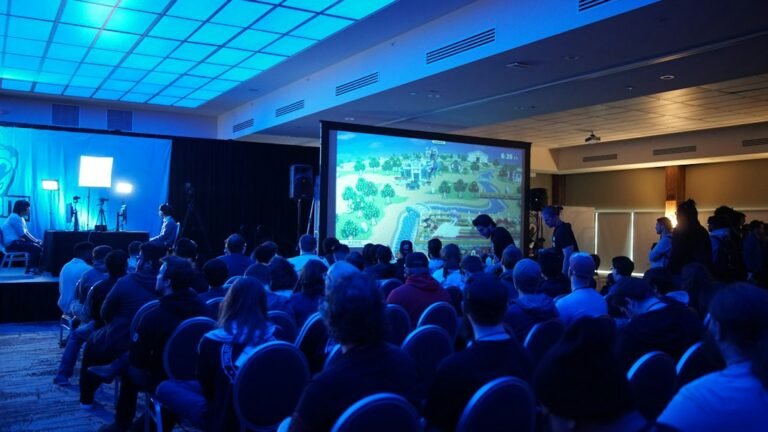Corporate conference audience facing a professionally produced stage and screen