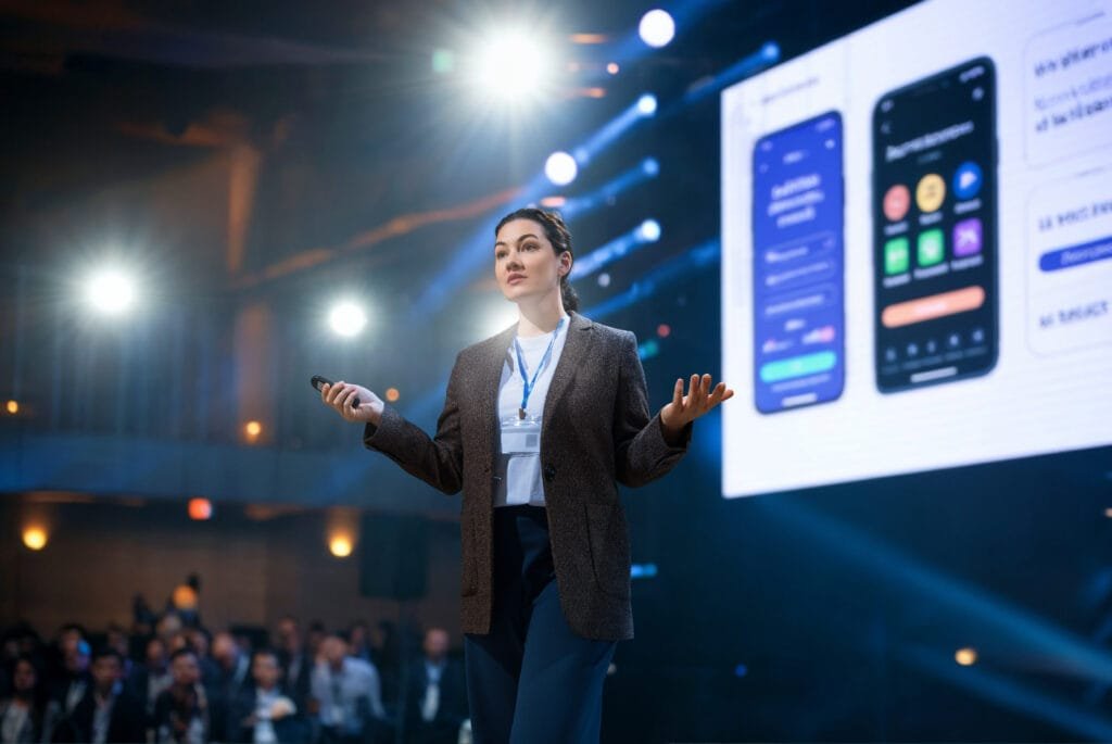 Speaker presenting on stage at a business conference